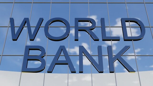 World Bank sign on glass building. Modern bank building with a glass facade and prominent world bank signage, ideal for finance, banking, corporate business, investment, and financial services concept