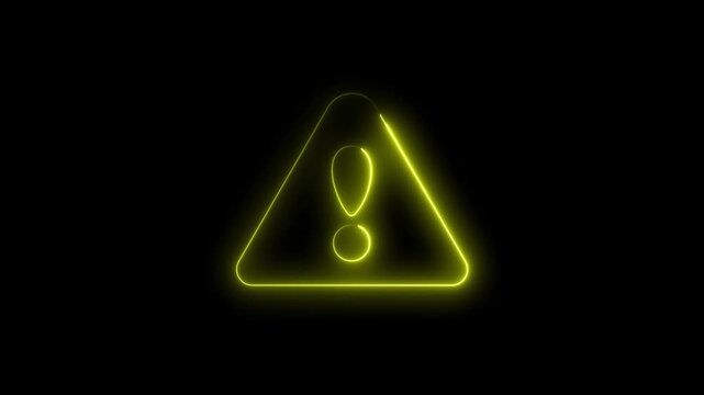 Glowing neon yellow color warning attention sign icon animation danger risk alert error stop signal emergency hazard problem issue sign symbol on black background
