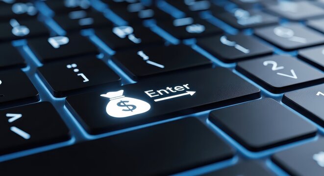 Close-up of a Computer Keyboard with a Money Bag Icon on the Enter Key Representing Online Earning and Digital Finance