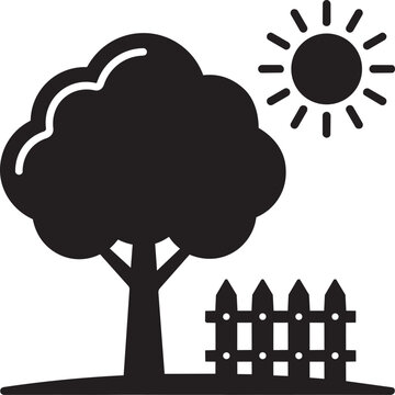 tree landscape icon with sun and fence nature silhouette vector illustration