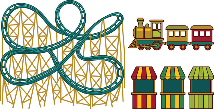 Amusement Park Attractions Vector Set Featuring Large Roller Coaster Structure, Vintage Carnival Locomotive Train, and Striped Fairground Market Booths