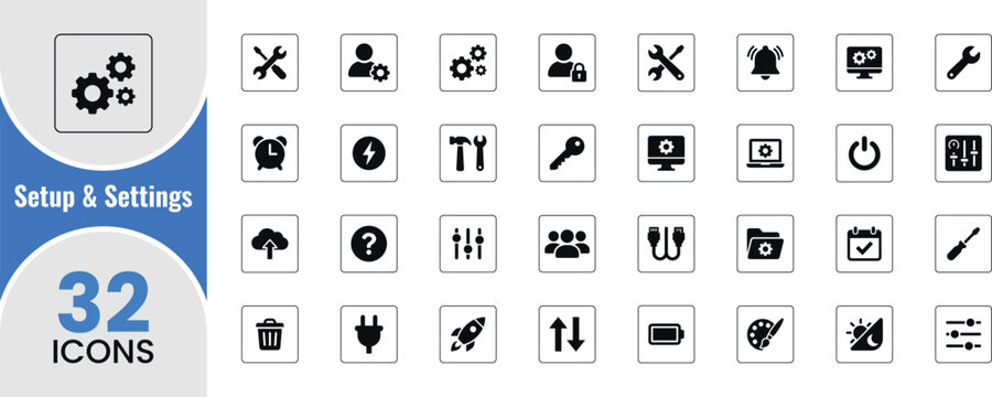 Setup and settings solid black icons set vector for system configuration device management and user interface elements with gear wrench and adjustment symbols