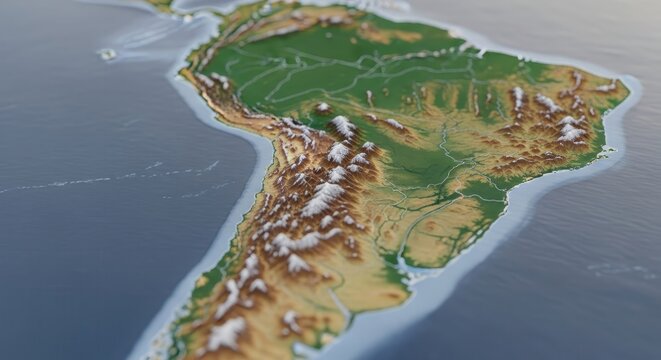 Detailed 3D Relief Map of South America Featuring Andes Mountains and Amazon Basin Topography Illustration