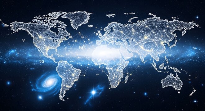 A digital world map with glowing connections and network lines, set against a dark cosmic background with stars and galaxies, symbolizing global communication and technology.