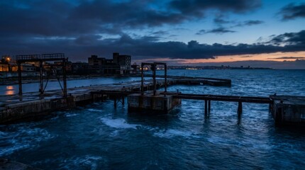 Fototapeta premium Abandoned industrial pier at dusk with city lights across the sea