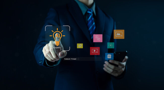 Businessman holding digital globe with AI technology icons, representing artificial intelligence, innovation, data analytics, and future business transformation in the modern digital world.