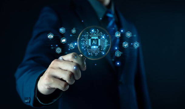 Businessman holding digital globe with AI technology icons, representing artificial intelligence, innovation, data analytics, and future business transformation in the modern digital world.