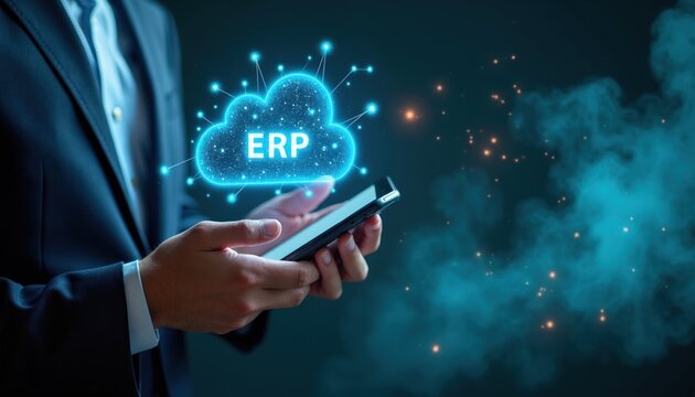 Businessman holds mobile phone with floating ERP cloud hologram system. Pro manager uses digital smartphone interface to access enterprise resource planning data. Modern tech solution provides