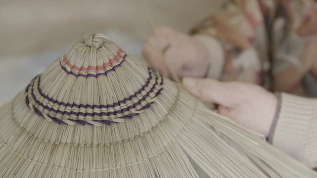 Craftsman Weaving Traditional Bon Odori Hat by Hand in Ugo Town Akita 