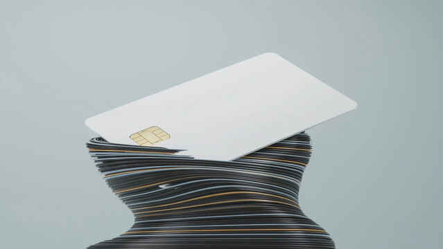 A minimalist 3D illustration of a white credit card with a gold chip, floating above a dark, curved pedestal with glowing blue and orange horizontal lines