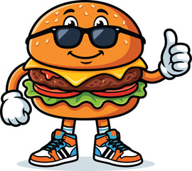 Obraz premium Cool burger character for National Burger Day. Funny cheeseburger mascot giving thumbs up.