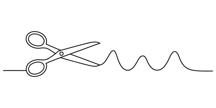 Black line art illustration of a pair of scissors cutting a wavy line pattern