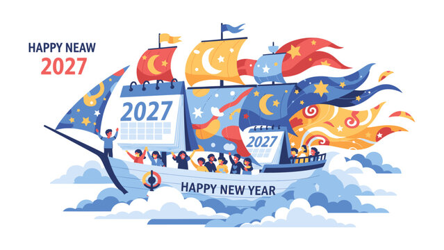New Year Voyage 2027: Embark on a celebratory journey with this vibrant illustration depicting a ship sailing into the new year 2027, adorned with celestial motifs and optimistic wishes.