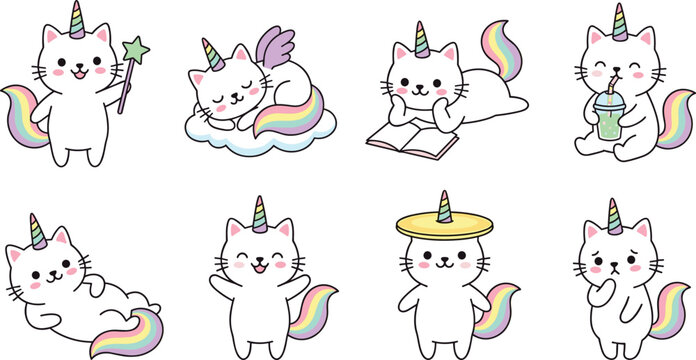 Cute caticorn unicorn cat cartoon mascot characters set featuring rainbow tails horns magic wand sleeping cloud and reading illustrations