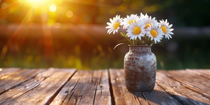 A rustic vase holds bright daisies on a weathered wooden table, illuminated by the warm glow of sunset