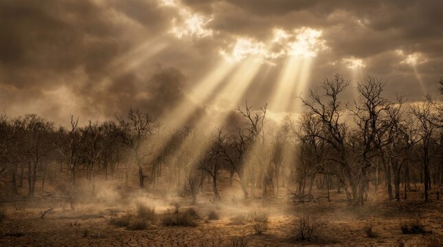God rays through smoke over scorched forest landscape