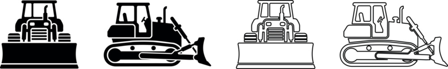Set of four bulldozer icons in solid and outline styles for construction © Santiago
