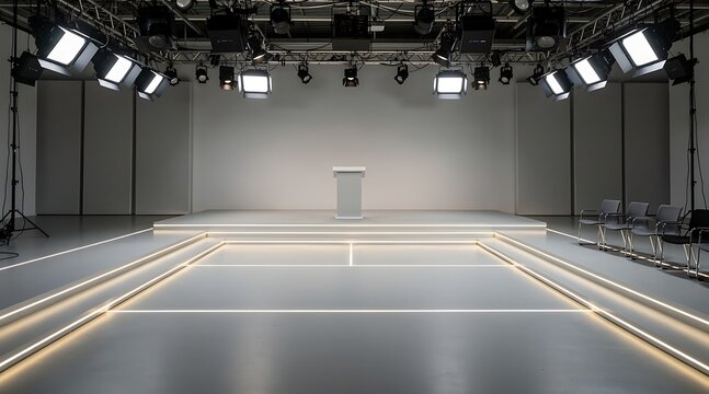 Empty modern television studio stage with professional lighting equipment and a podium.