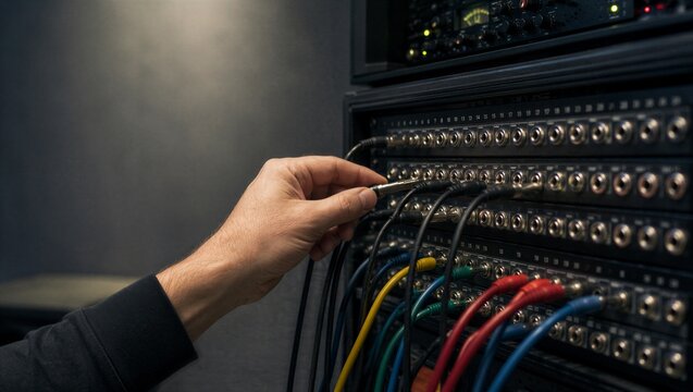 Audio engineer connects a patch cable to a professional studio patchbay, showing precise signal routing, organized cabling and technical recording workflow with copy space.