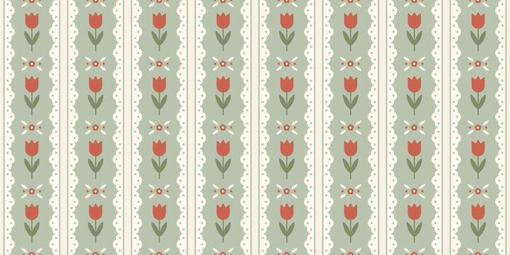 Scandinavian tulip seamless pattern with folk ornaments. Vertical striped repeat on sage green background with lace borders in cottagecore style. Minimal flat design for textile, wallpaper, fabric