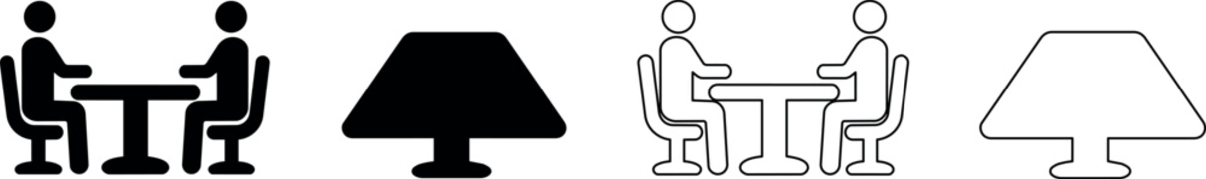 Two people sitting at a table, one black and white icon pair