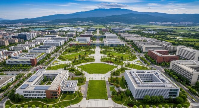 Aerial view of a modern business park. Corporate campus with green spaces and office buildings.