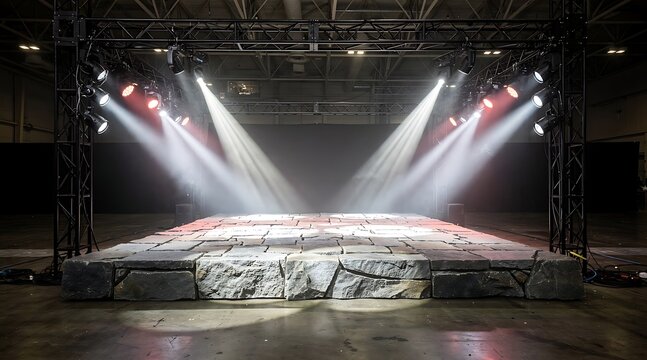 Empty concert stage with dramatic lighting and fog effects.