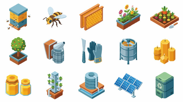 Colorful isometric icons of agriculture and renewable energy.