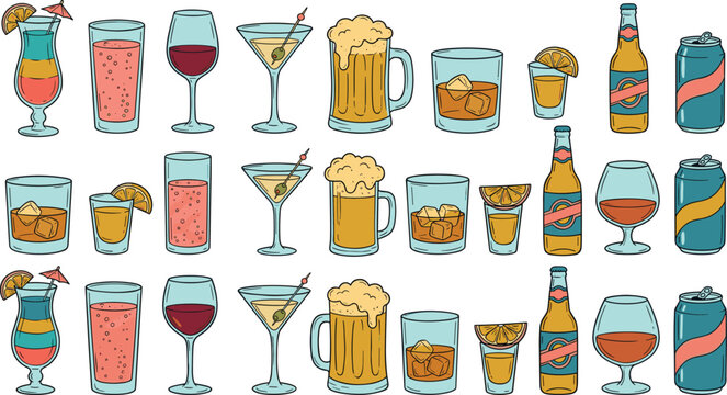 Alcoholic drinks and cocktails bar menu vector set featuring beer mugs wine glasses martini tequila shots and soda can illustrations