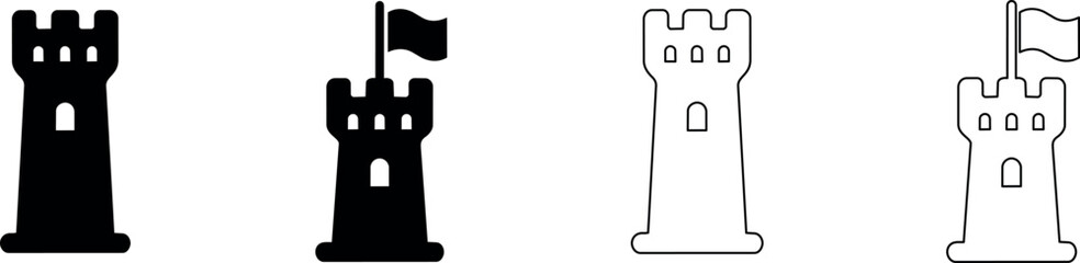 Collection of castle tower icons, solid and outline styles © Santiago