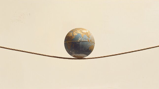 Globe Balancing on Tightrope global risk and stability concept beige background