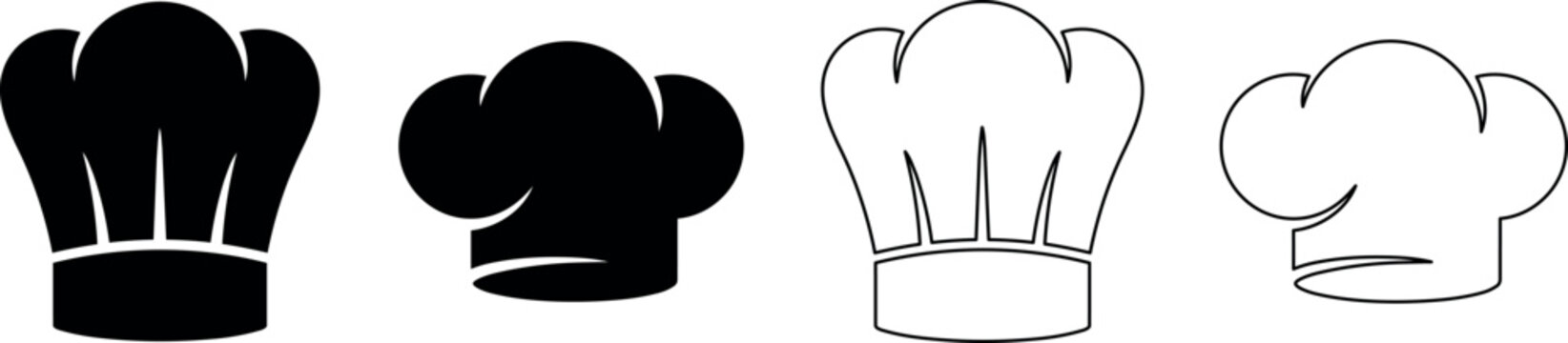 Collection of chef hats in black and white outline styles