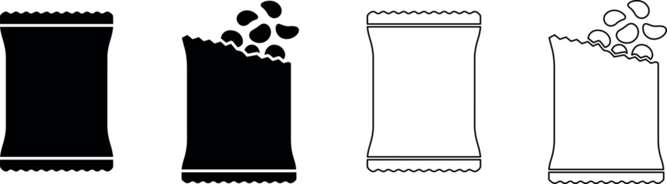 Set of snack bag icons, one sealed and one open with chips spilling out