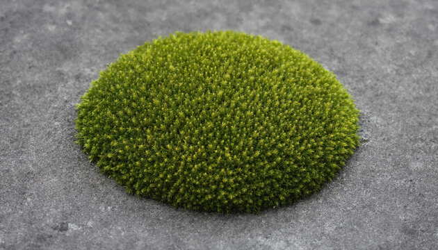 A single circular patch of vibrant green moss growing on a smooth gray concrete surface creating a strong contrast in color and texture