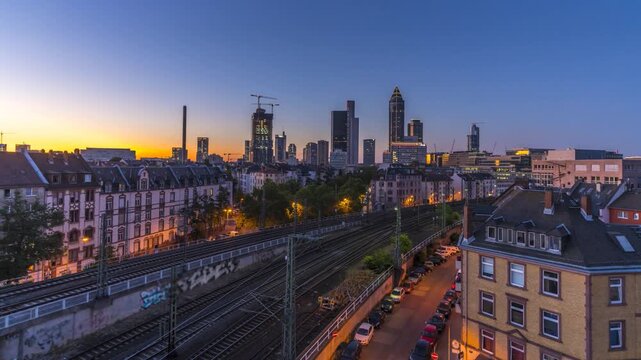 Frankfurt skyline timelapse at sunset featuring the modern financial district