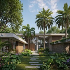 Fototapeta premium Modern luxury home exterior with tropical landscaping and blue sky backdrop