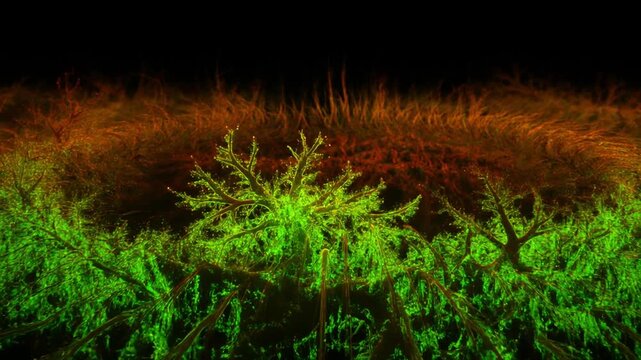 Abstract Fractal Forest Energy Glow with Vibrant Neon Green Fern Leaves and Ethereal Glowing Orange Background Atmosphere