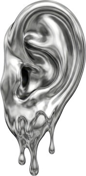 Metallic silver 3D ear with glossy molten wax dripping effect for industrial and product visualization render isolated on transparent background