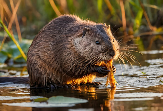 Close-up of muskrat feeding in natural wetland at golden hour