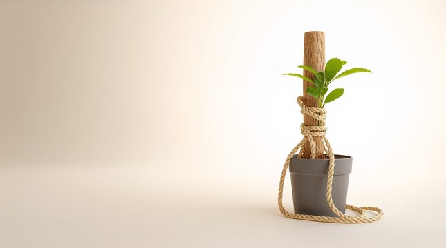 Small Seedling Tied to Wooden Stake in Pot with Rope Support Growth Concept