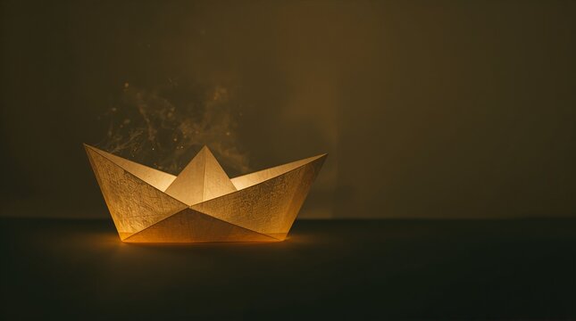 Glowing Paper Boat with Golden Light and Sparks on Dark Background Dream Concept