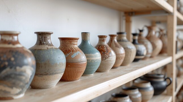 Handmade Ceramic Vases Arranged on Wooden Shelf Pottery Studio Craft Concept