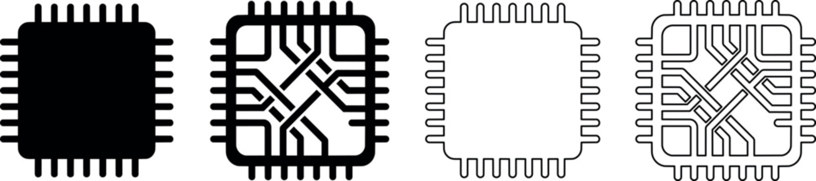Set of four integrated circuit chip icons with different designs and styles