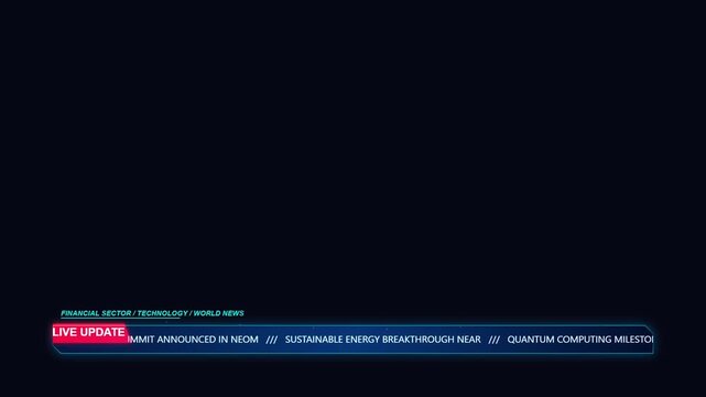 Digital news lower third overlay with scrolling financial stock market text