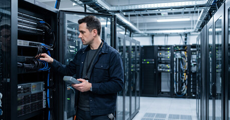 Fototapeta premium A technician is managing cables and checking equipment inside a modern data center filled with server racks, ensuring optimal performance and organization.