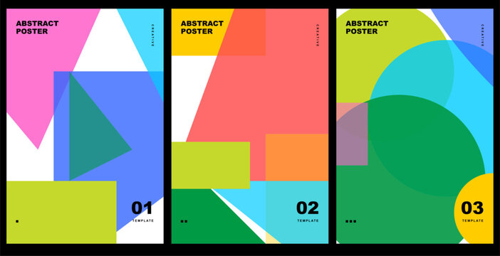 Abstract poster design template with geometric shapes, triangles and rectangles, vibrant modern composition for social media or marketing materials