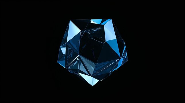 Glowing Blue Crystal Polyhedron Abstract Geometry Concept on Dark Background