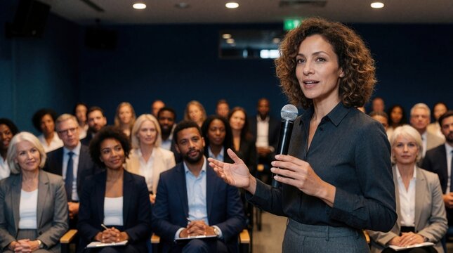 Female professional speaker talks to business audience in small conference room. Diverse group of men, women sit in chairs listening to workshop presentation. Woman holding microphone gives speech at