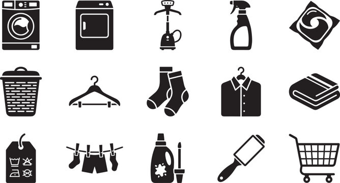 Household laundry care and domestic appliance accessories vector icons set with dryer machine garment steamer detergent pod and laundry hamper black silhouettes