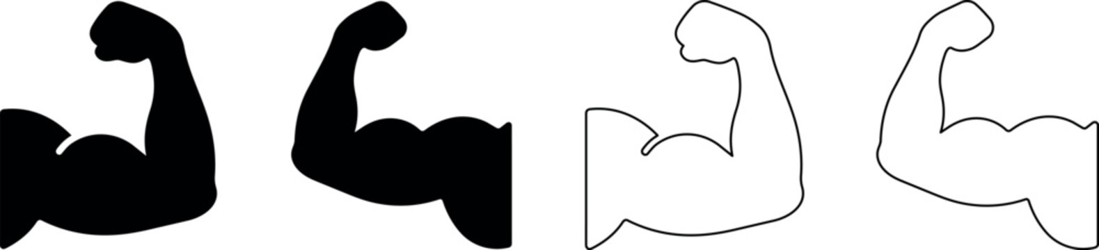 Biceps flex icon set showing solid and outline variations for fitness and strength